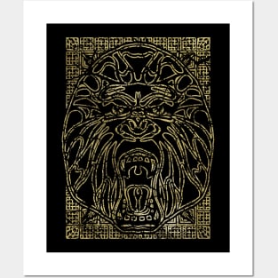 Vintage gold gorilla head on tribal texture Posters and Art